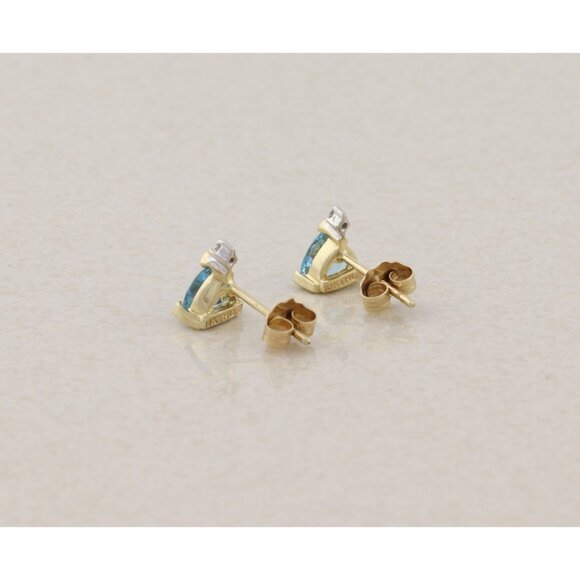 10k Yellow Gold Natural Blue Topaz & Diamond Earrings Stud 5/16" x 1/4" - Picture 6 of 10